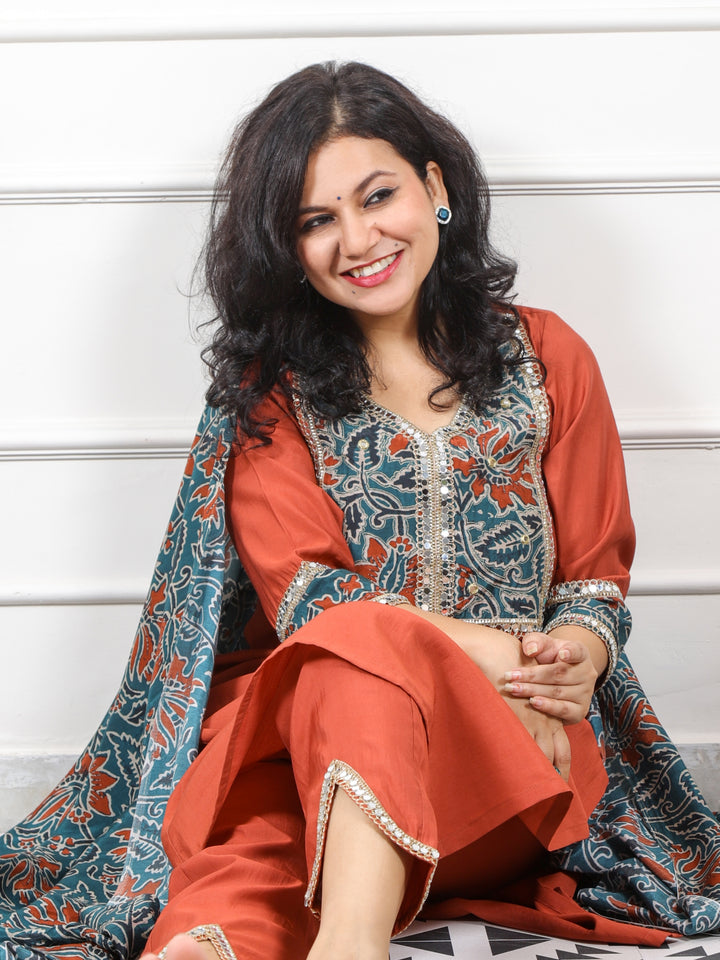 Iktara Rust Orange Printed Patch with Lace Detailing Roman Silk 3 Piece Set