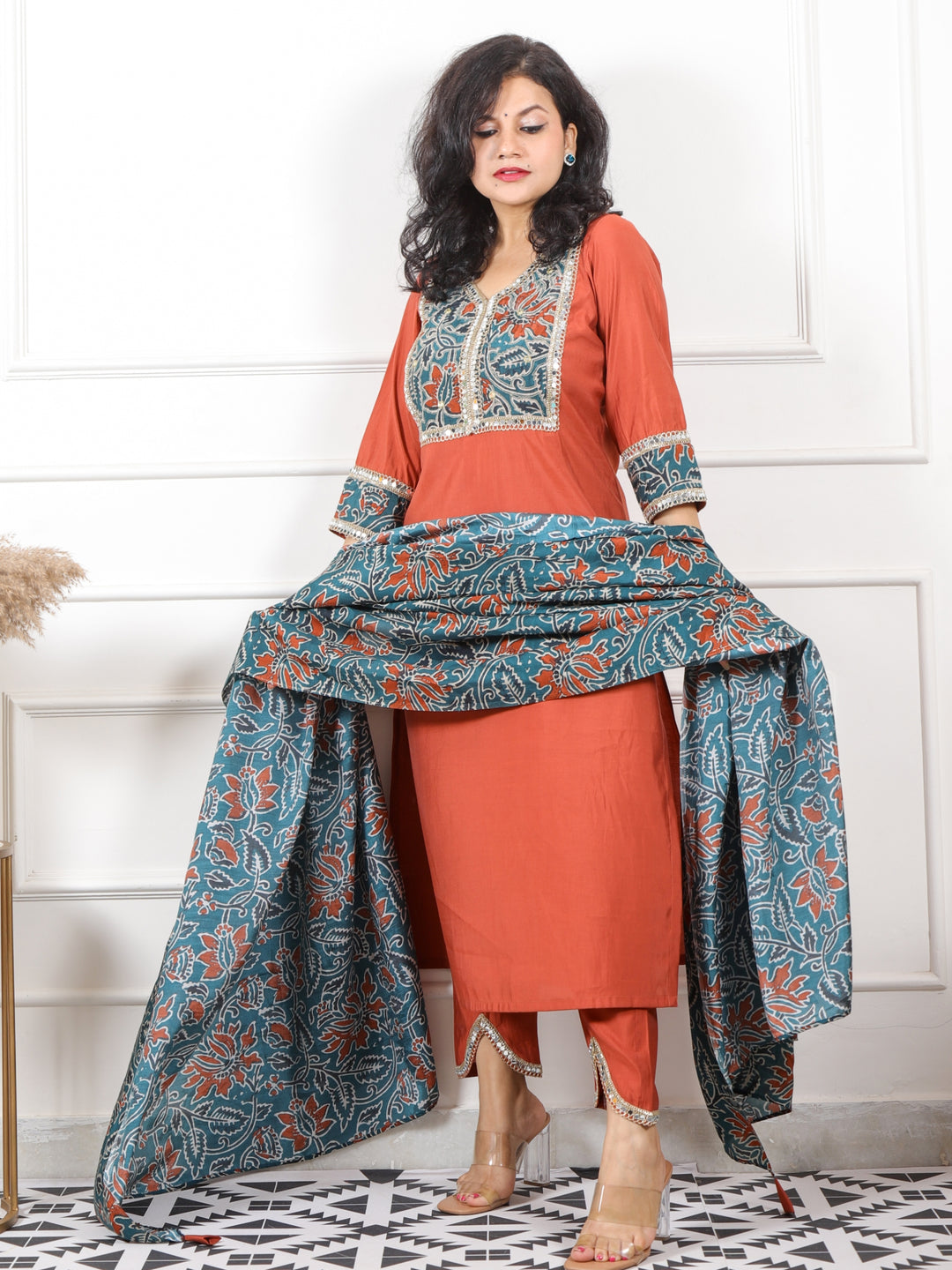 Iktara Rust Orange Printed Patch with Lace Detailing Roman Silk 3 Piece Set