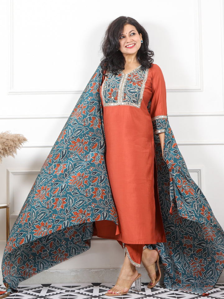 Iktara Rust Orange Printed Patch with Lace Detailing Roman Silk 3 Piece Set