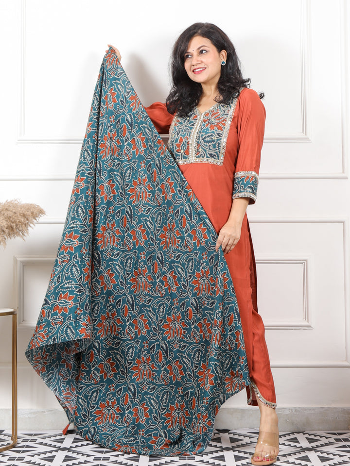 Iktara Rust Orange Printed Patch with Lace Detailing Roman Silk 3 Piece Set