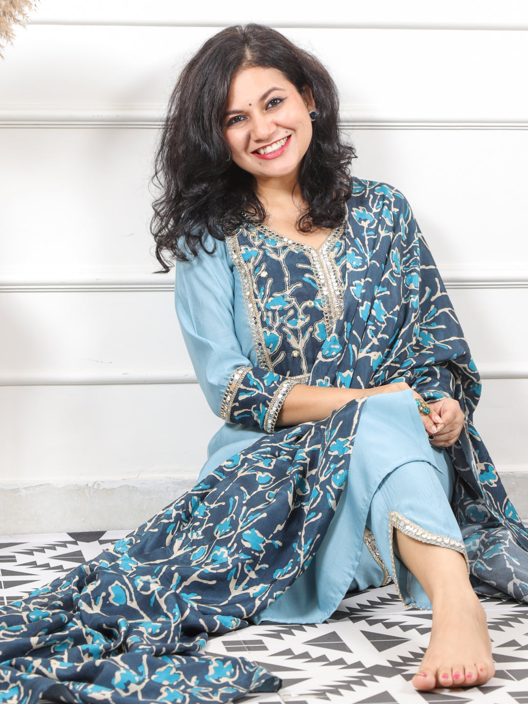 Iktara Diamond Blue Printed Patch with Lace Detailing Roman Silk 3 Piece Set