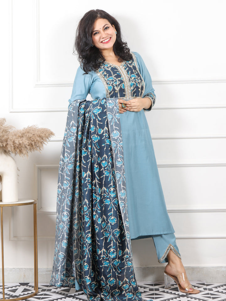 Iktara Diamond Blue Printed Patch with Lace Detailing Roman Silk 3 Piece Set