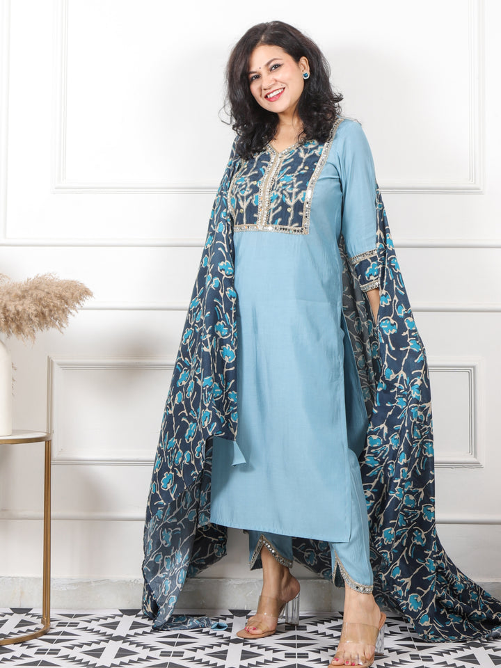 Iktara Diamond Blue Printed Patch with Lace Detailing Roman Silk 3 Piece Set