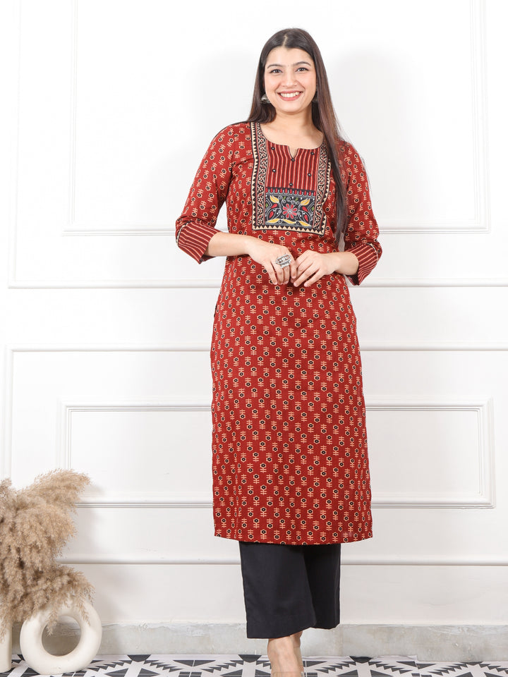 Rooh Blood Red Kutch Neck Yock Work with Ajrak Printed Cotton Kurti-D3