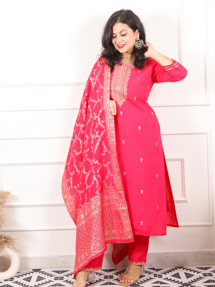 Zaalima Hot Pink Embellish Neck with Zari Buti Modal 3 Piece Set