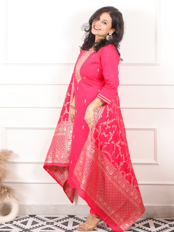 Zaalima Hot Pink Embellish Neck with Zari Buti Modal 3 Piece Set