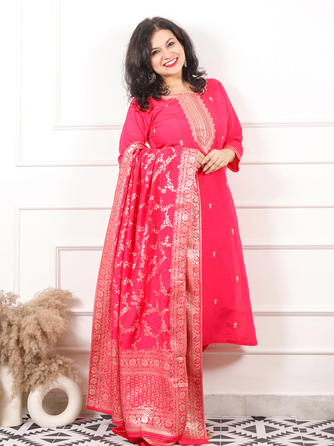 Zaalima Hot Pink Embellish Neck with Zari Buti Modal 3 Piece Set