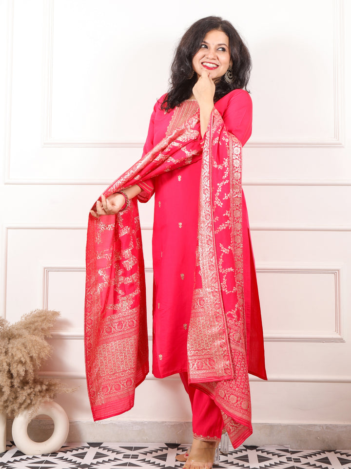 Zaalima Hot Pink Embellish Neck with Zari Buti Modal 3 Piece Set