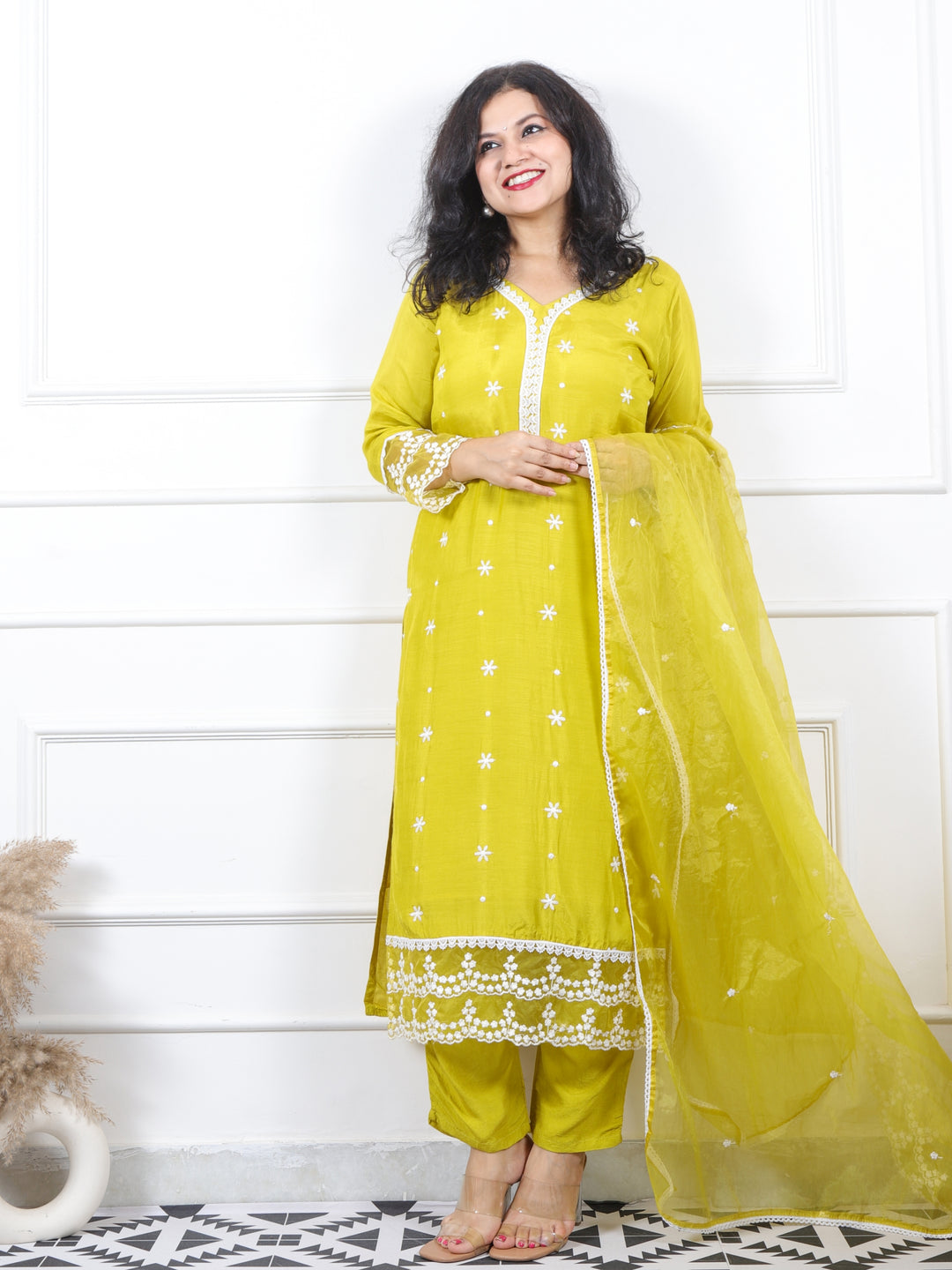 Rooh Light Lemon Green Lace Work Muslin with Organza Dupatta 3 Piece Set