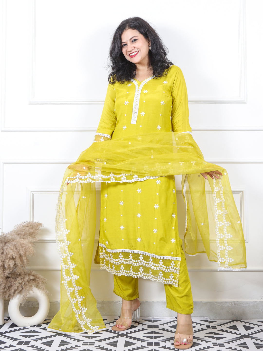 Rooh Light Lemon Green Lace Work Muslin with Organza Dupatta 3 Piece Set