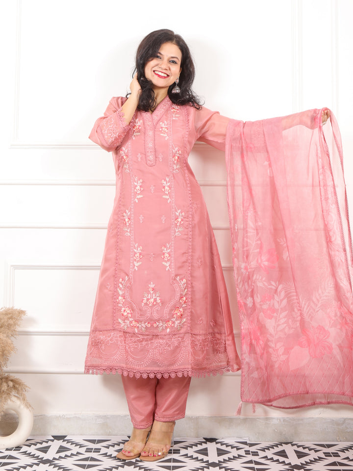 Zeenat Taupe Mauve All Over Lace Work Organza 3 Piece Set