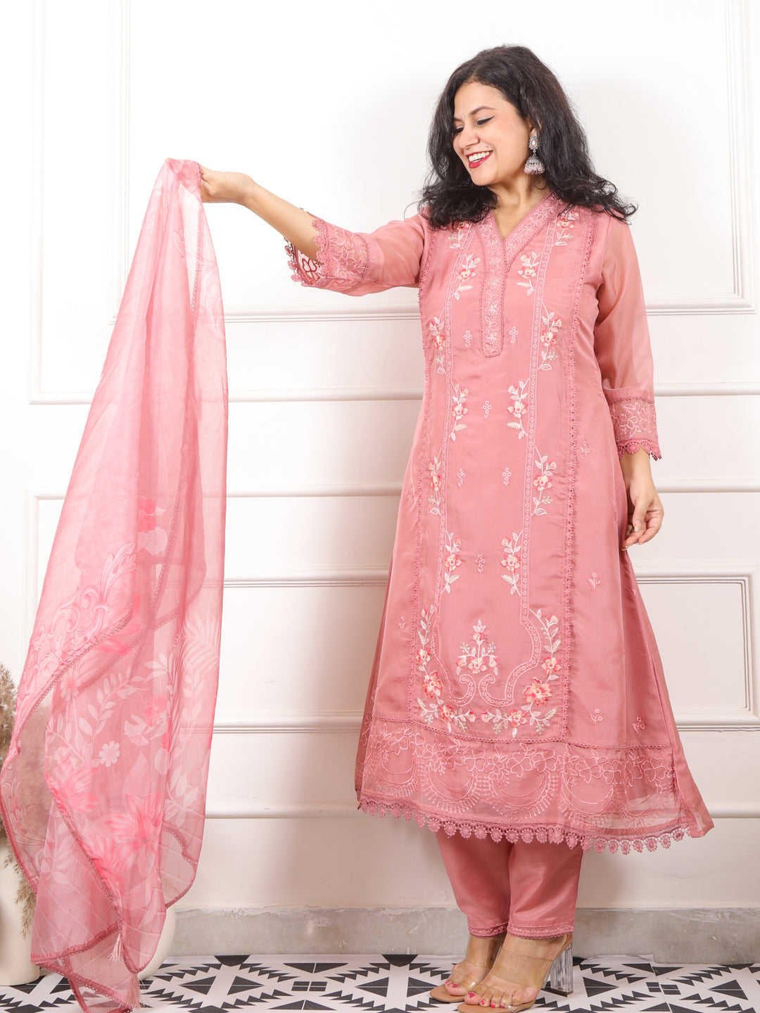 Zeenat Taupe Mauve All Over Lace Work Organza 3 Piece Set