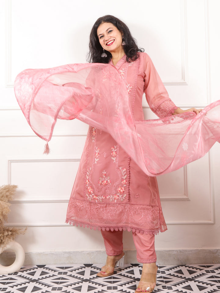 Zeenat Taupe Mauve All Over Lace Work Organza 3 Piece Set