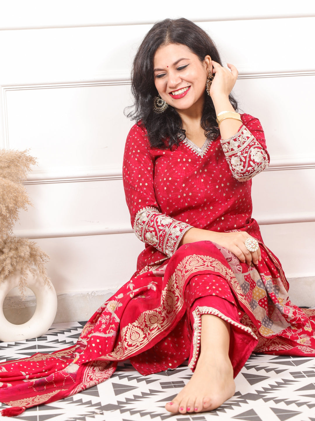 Zaalima Rani Red V Embellish Neck with Bandani Printed Modal 3 Piece Set