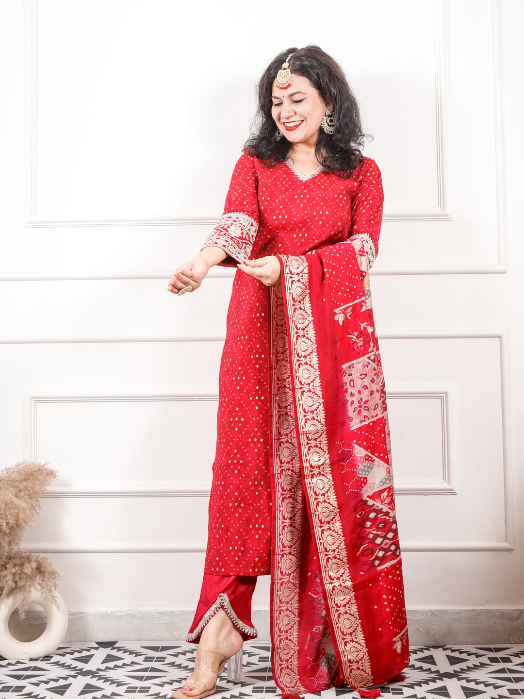 Zaalima Rani Red V Embellish Neck with Bandani Printed Modal 3 Piece Set