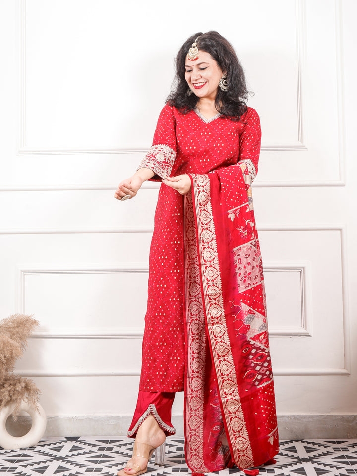 Zaalima Rani Red V Embellish Neck with Bandani Printed Modal 3 Piece Set