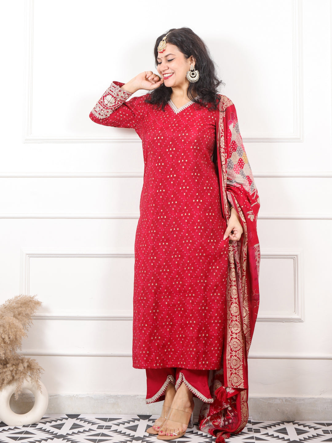 Zaalima Rani Red V Embellish Neck with Bandani Printed Modal 3 Piece Set