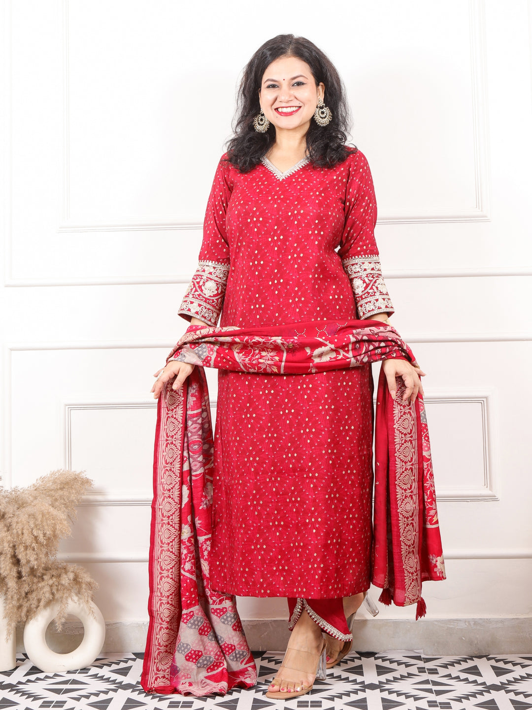 Zaalima Rani Red V Embellish Neck with Bandani Printed Modal 3 Piece Set