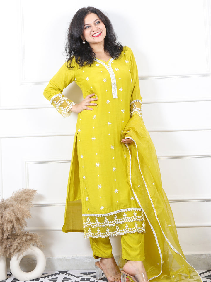 Rooh Light Lemon Green Lace Work Muslin with Organza Dupatta 3 Piece Set