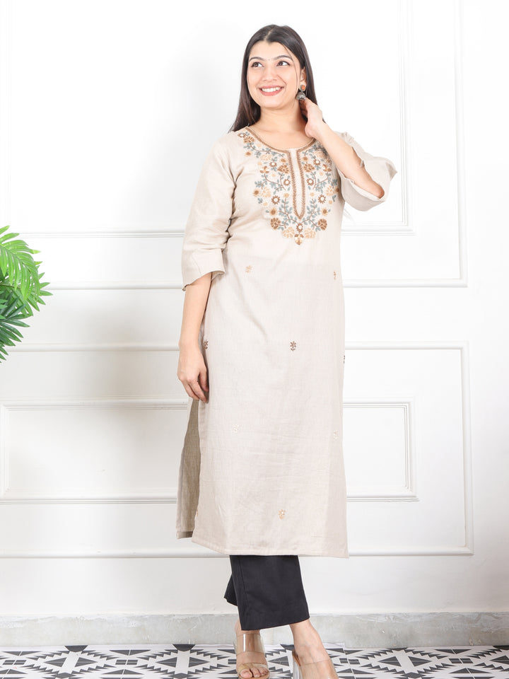 Kinara Ivory Sand Hand Kolkata French Knot Embroidery Texture Cotton Kurti