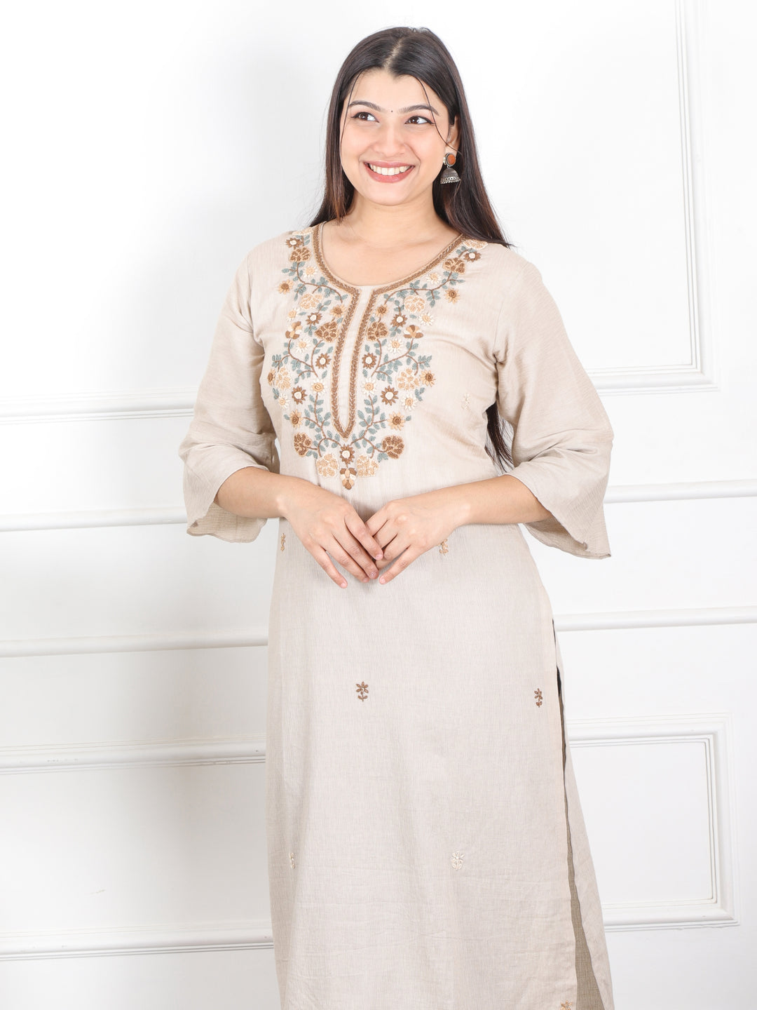 Kinara Ivory Sand Hand Kolkata French Knot Embroidery Texture Cotton Kurti