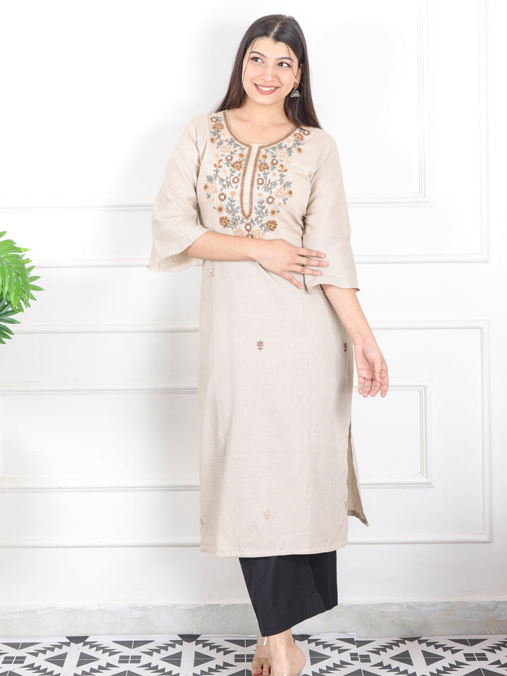 Kinara Ivory Sand Hand Kolkata French Knot Embroidery Texture Cotton Kurti