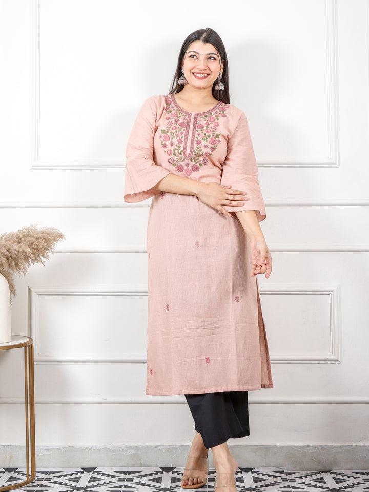 Kinara Soft Pink Hand Kolkata French Knot Embroidery Texture Cotton Kurti