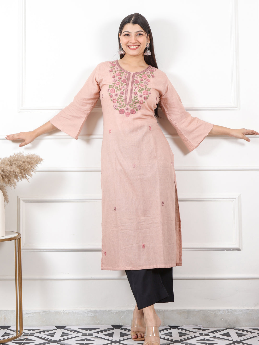 Kinara Soft Pink Hand Kolkata French Knot Embroidery Texture Cotton Kurti