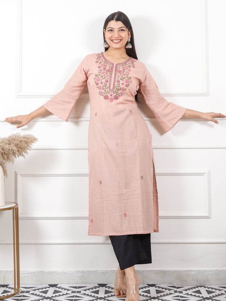 Kinara Soft Pink Hand Kolkata French Knot Embroidery Texture Cotton Kurti