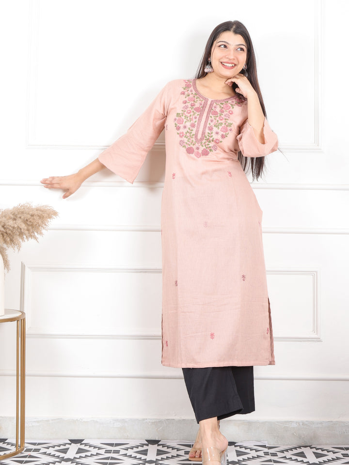 Kinara Soft Pink Hand Kolkata French Knot Embroidery Texture Cotton Kurti