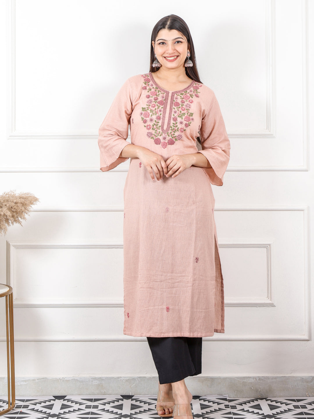 Kinara Soft Pink Hand Kolkata French Knot Embroidery Texture Cotton Kurti