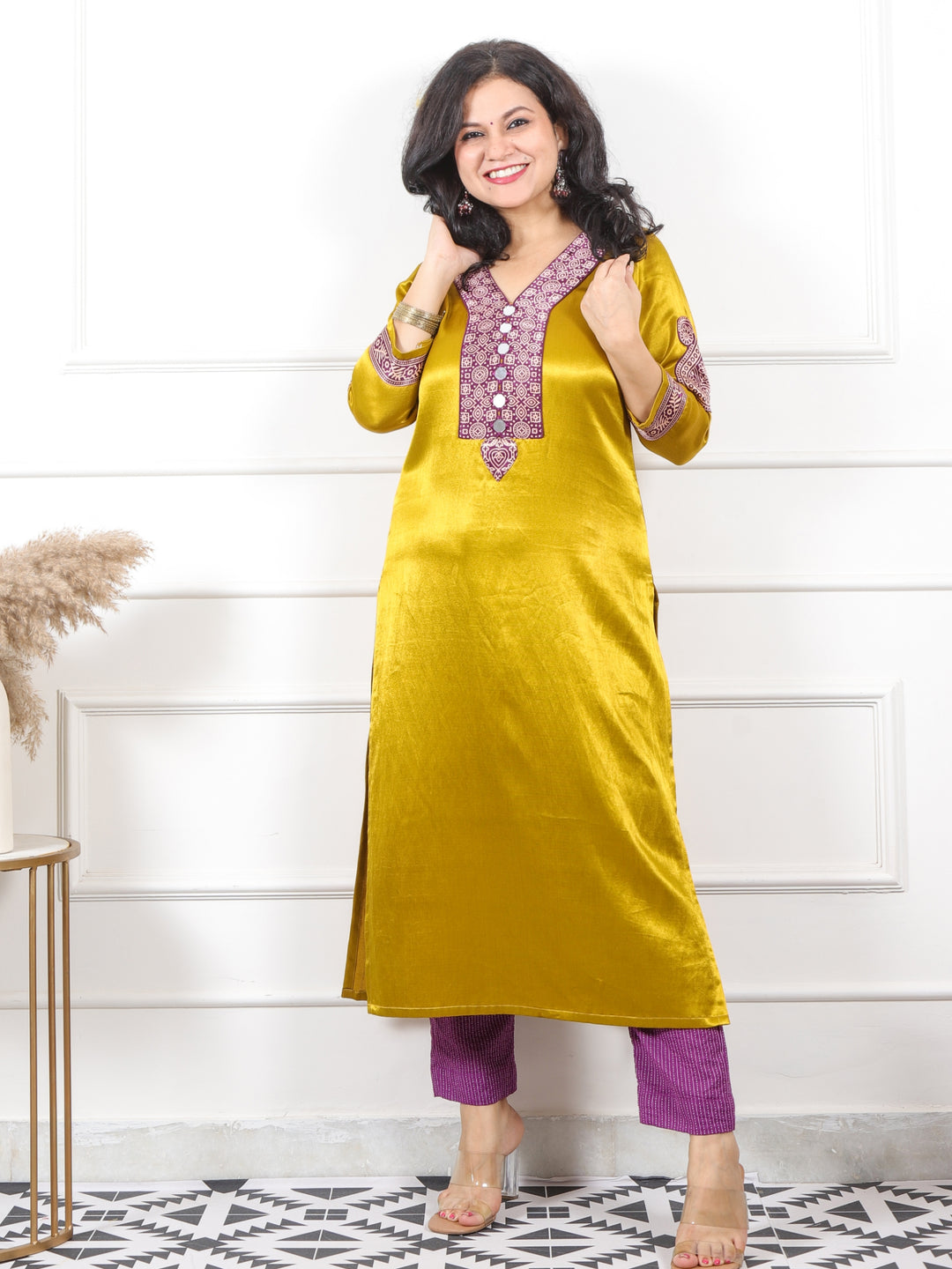 Ishara Dandelion Yellow  Printed Patch with Mirror Premium Mashru Silk Kurti