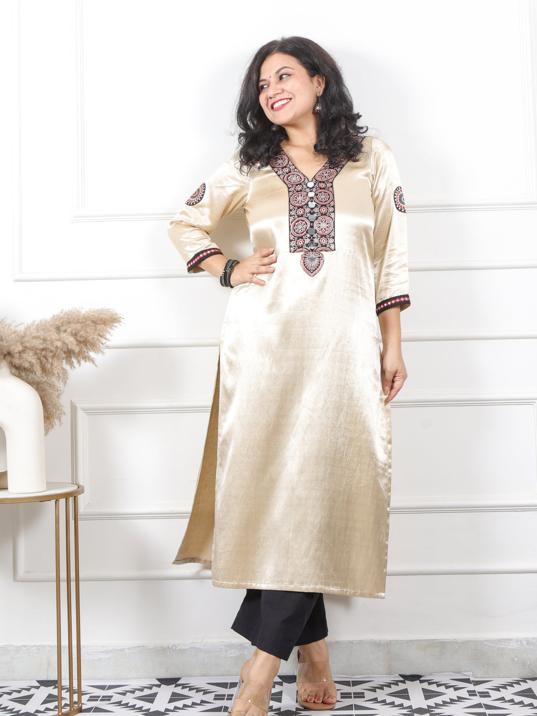 Ishara Cream White  Printed Patch with Mirror Premium Mashru Silk Kurti