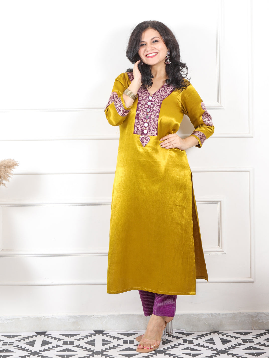 Ishara Dandelion Yellow  Printed Patch with Mirror Premium Mashru Silk Kurti