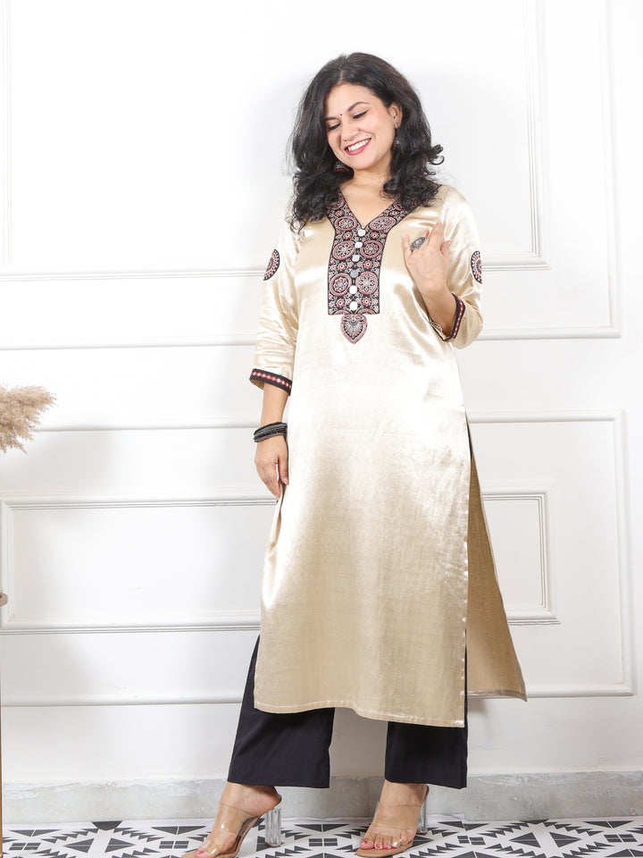 Ishara Cream White  Printed Patch with Mirror Premium Mashru Silk Kurti