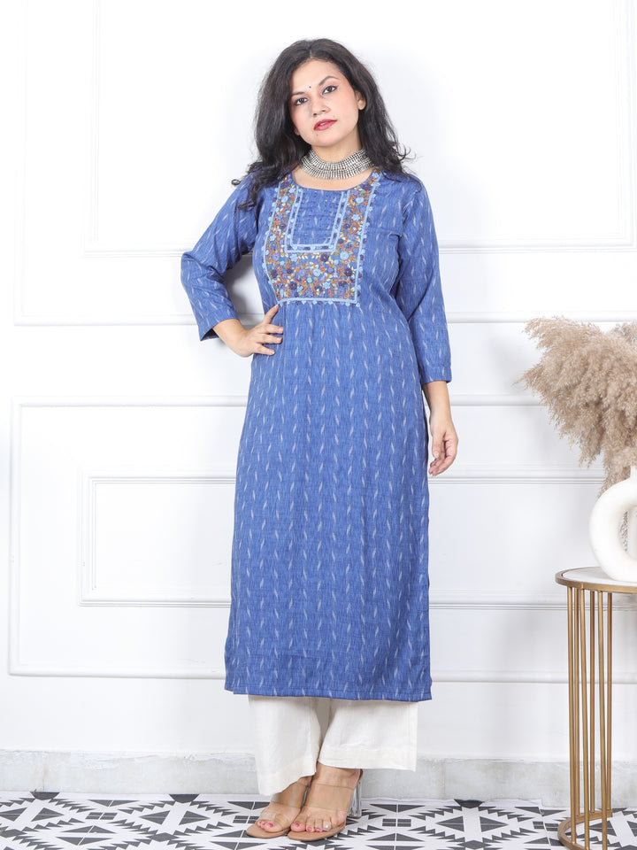 Kinara Cyan Blue Hand Kolkata French Knot Embroidery Cotton Kurti