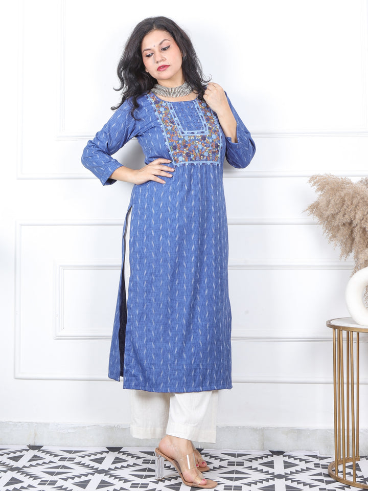 Kinara Cyan Blue Hand Kolkata French Knot Embroidery Cotton Kurti