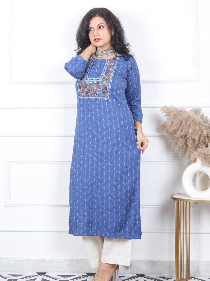 Kinara Cyan Blue Hand Kolkata French Knot Embroidery Cotton Kurti