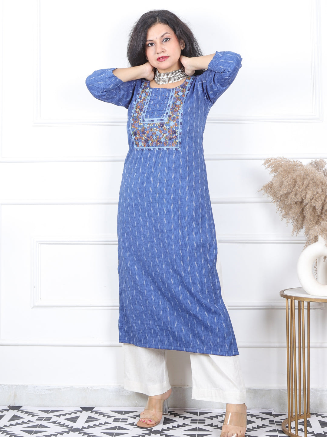 Kinara Cyan Blue Hand Kolkata French Knot Embroidery Cotton Kurti