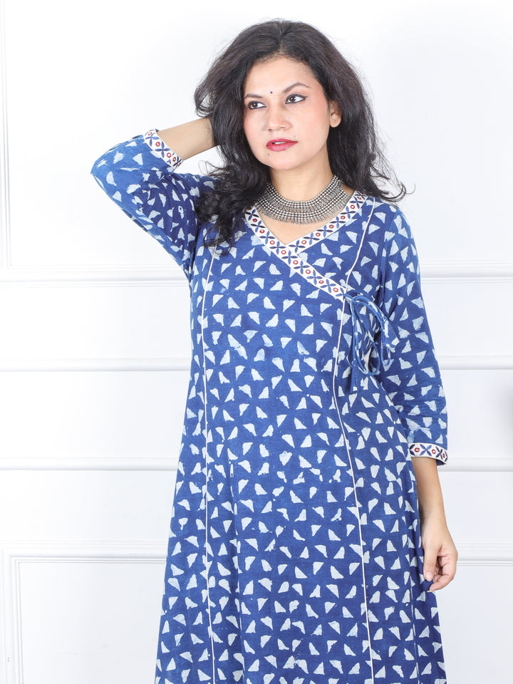 Mannat Sapp. Blue Lace with Angrakha Neck Dabu Printed Cotton Kurti-D2