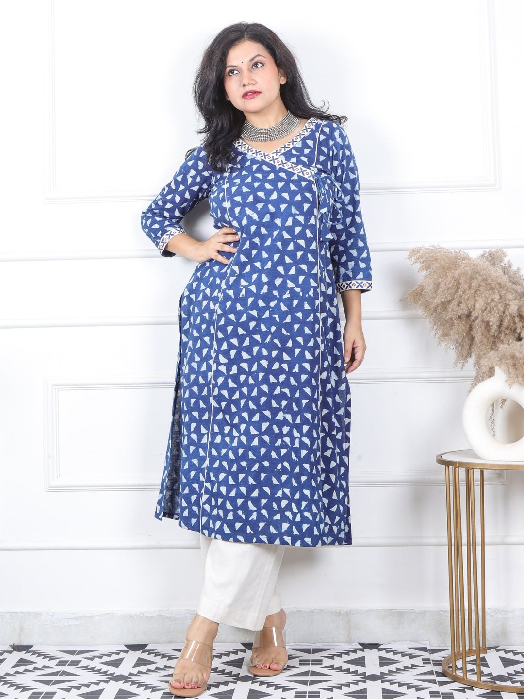 Mannat Sapp. Blue Lace with Angrakha Neck Dabu Printed Cotton Kurti-D2