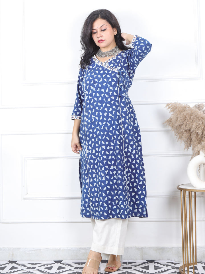 Mannat Sapp. Blue Lace with Angrakha Neck Dabu Printed Cotton Kurti-D2