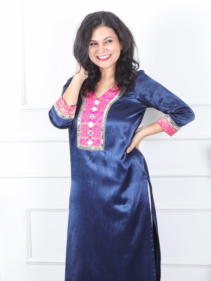 Ishara Royal Blue Embellish Neck with Mirror Premium Mashru Silk Kurti