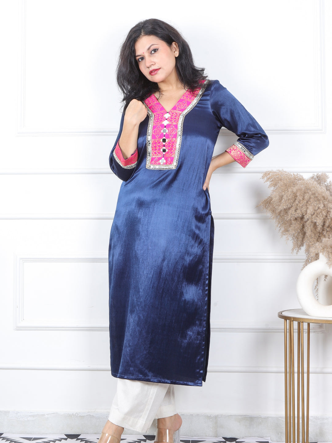 Ishara Royal Blue Embellish Neck with Mirror Premium Mashru Silk Kurti