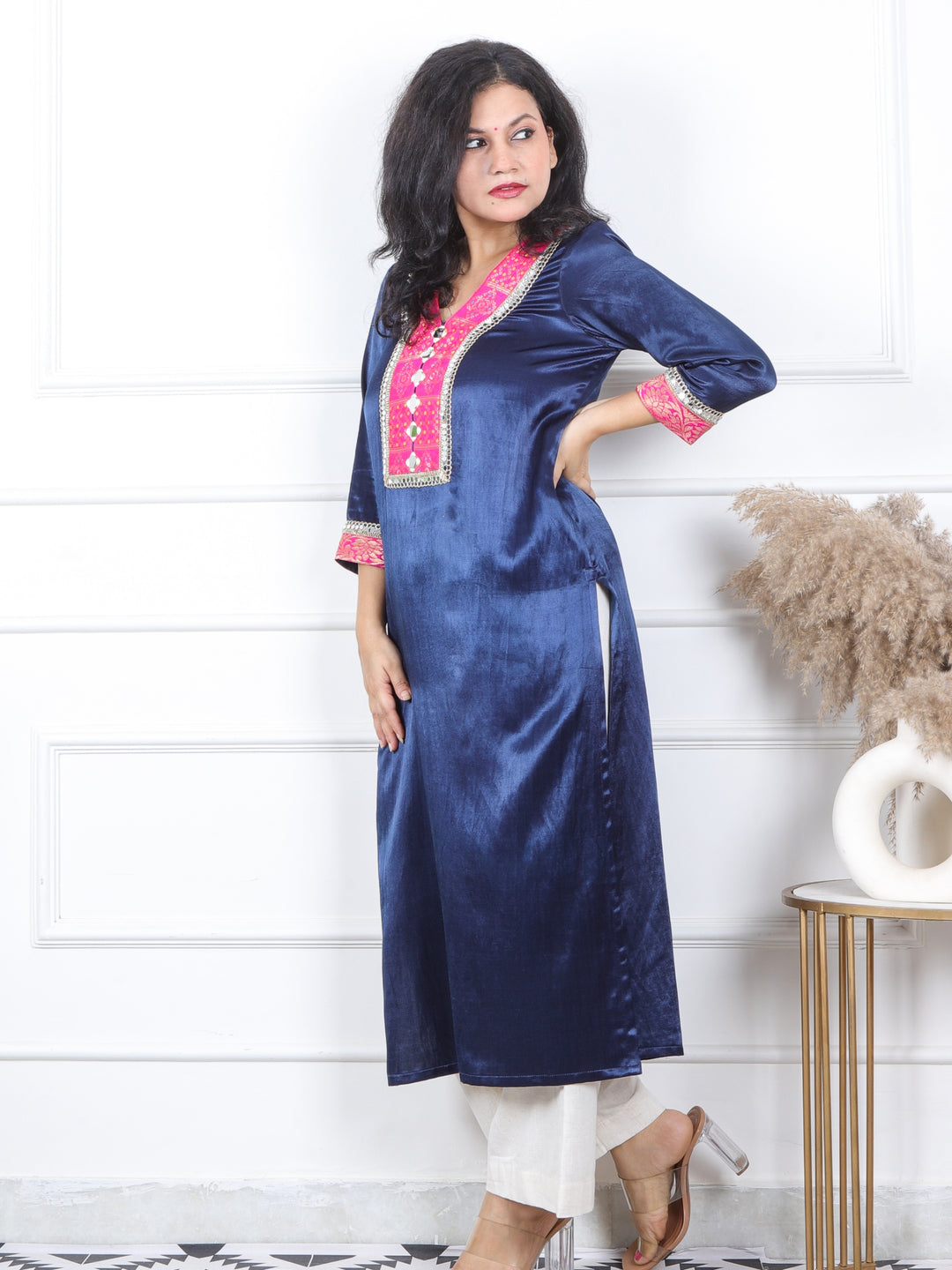 Ishara Royal Blue Embellish Neck with Mirror Premium Mashru Silk Kurti