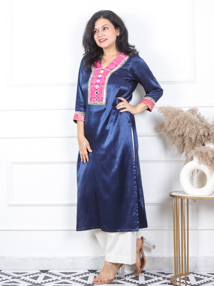 Ishara Royal Blue Embellish Neck with Mirror Premium Mashru Silk Kurti