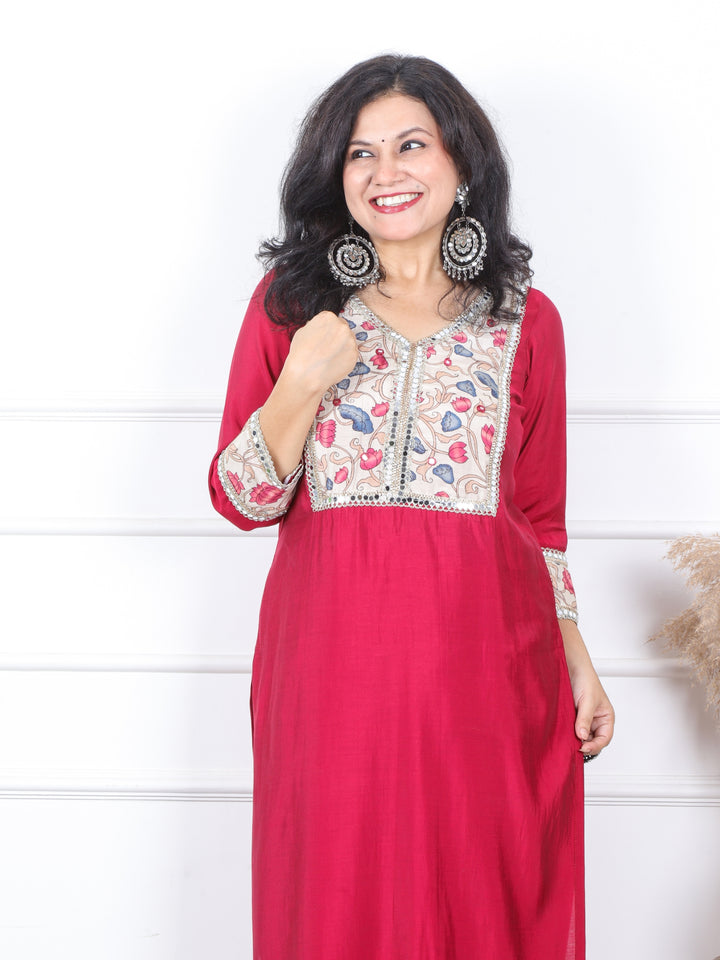 Iktara Prime Pink Printed Patch with Lace Detailing Roman Silk Kurti
