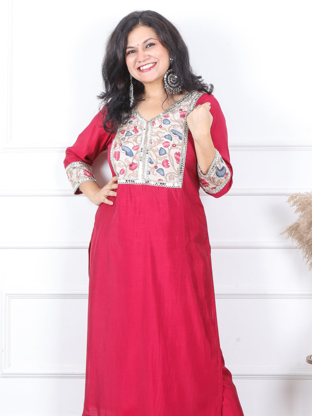 Iktara Prime Pink Printed Patch with Lace Detailing Roman Silk Kurti