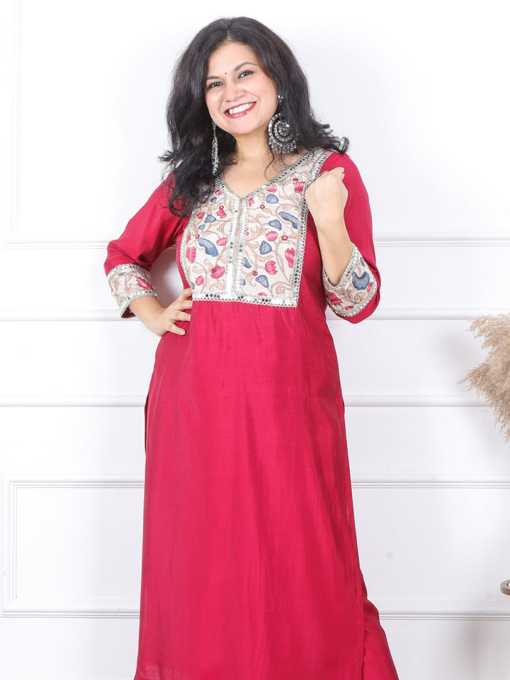 Iktara Prime Pink Printed Patch with Lace Detailing Roman Silk Kurti