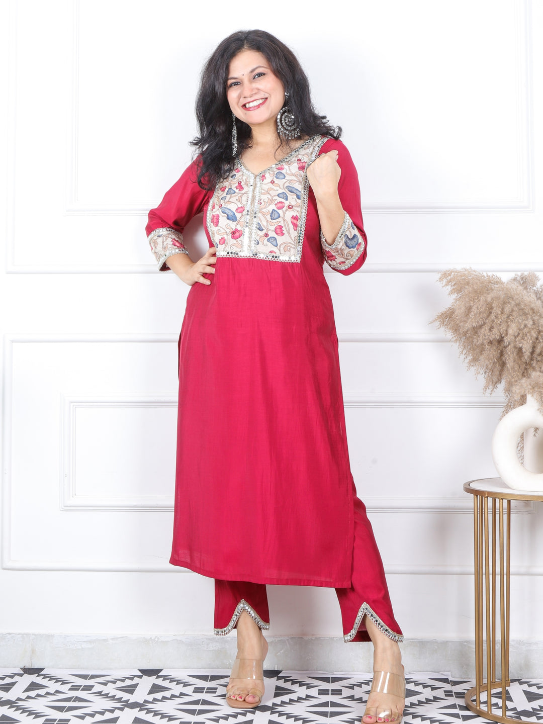 Iktara Prime Pink Printed Patch with Lace Detailing Roman Silk Kurti